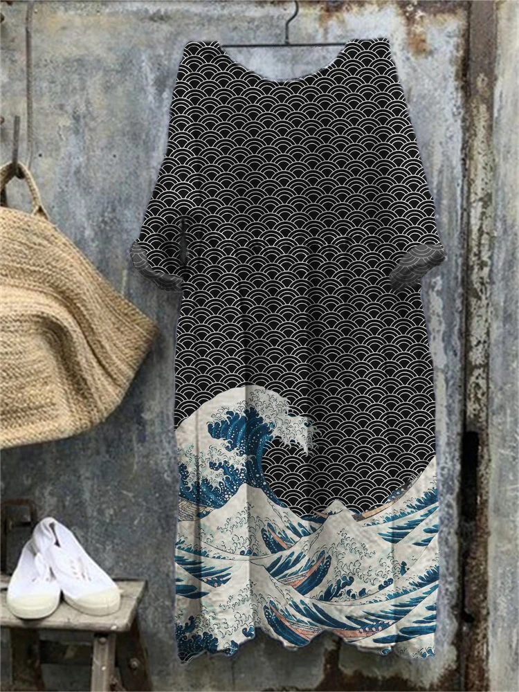 The Great Wave off Kanagawa Pleated Maxi Dress