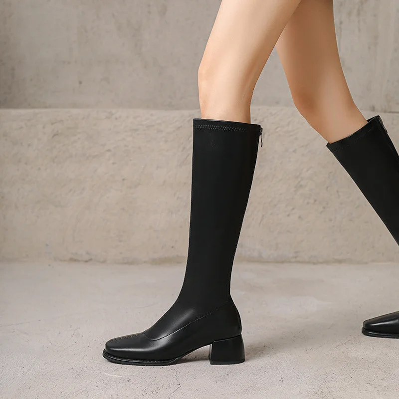 Qengg Qengg Plus Size Boots Square Head Thick Heel Elastic Boots Thin Thin Boots 2024 Autumn / Winter Simple Commuter Women's Boots