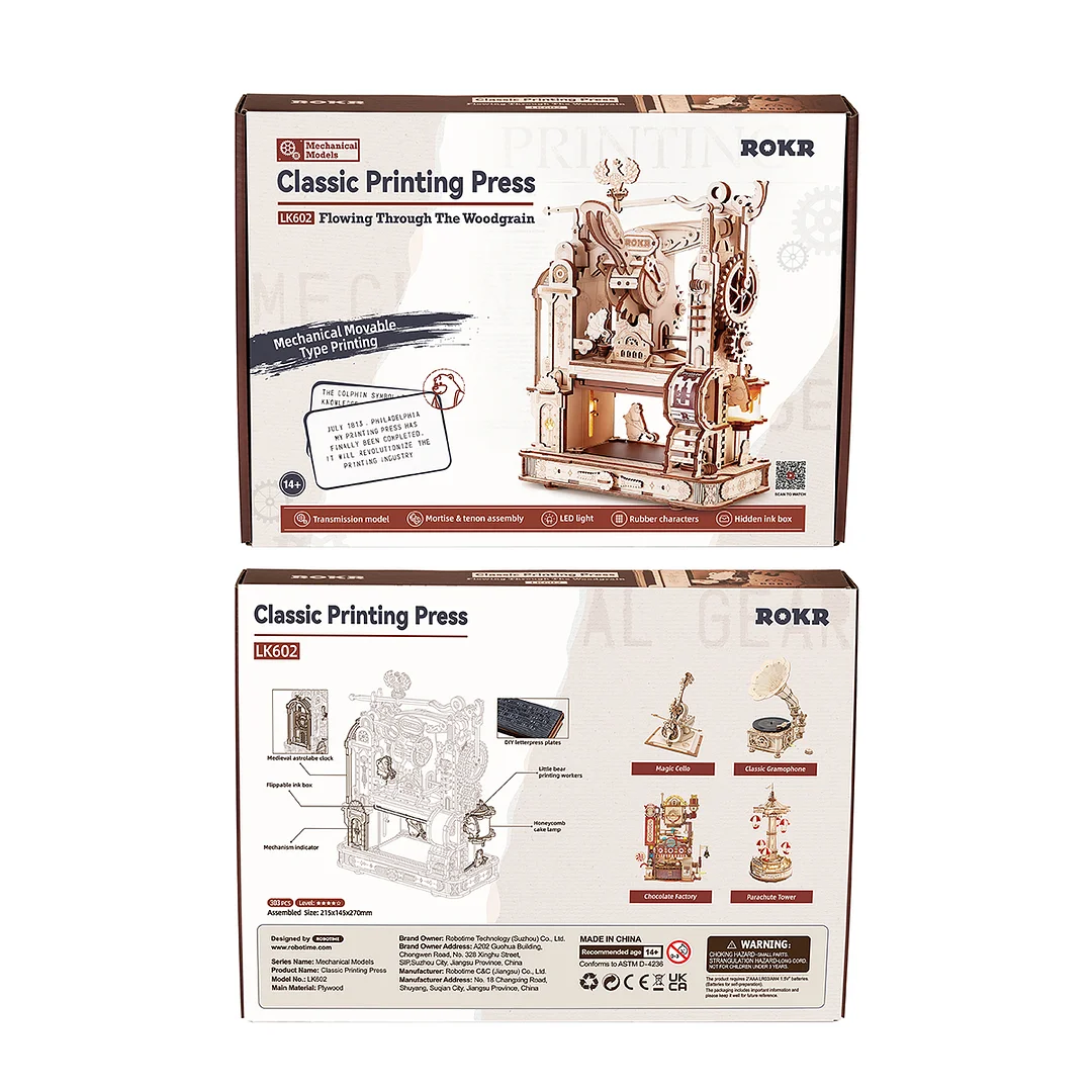 The outer packaging of ROKR Classic Printing Press Mechanical 3D Wooden Puzzle LK602.