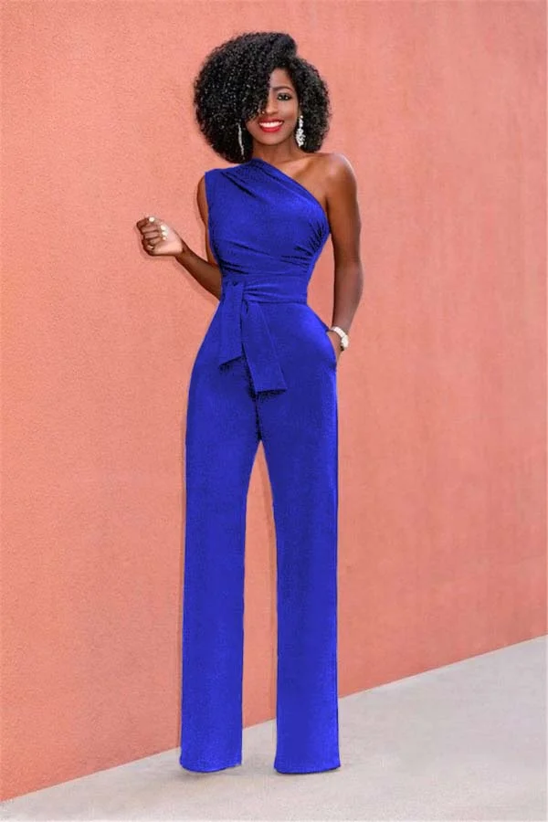 Daisda Solid Black One Shoulder Sleeveless Strapless High Waist Long Wid-Leg Jumpsuit