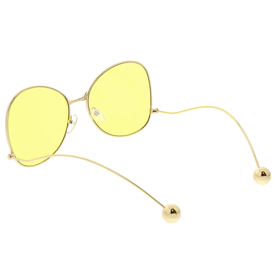 Women's Metal Butterfly glasses Thin Curved Arms Ball Accent Color Tinted Flat Lens 56mm