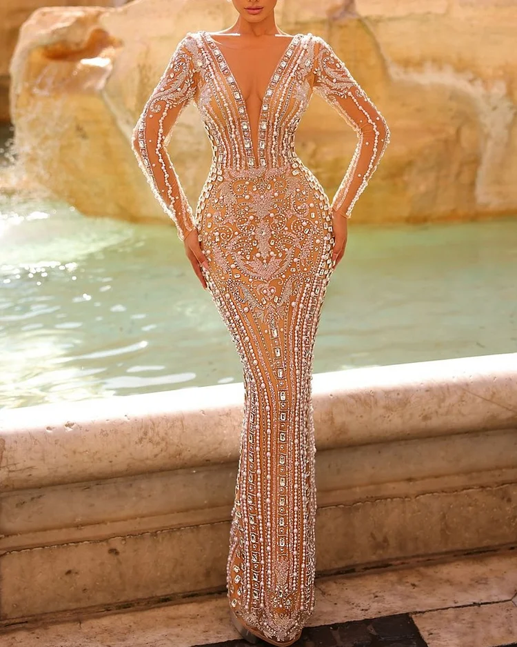 Luxury V-Neck Crystal Rhinestone Embroidered Long-Sleeved Dress