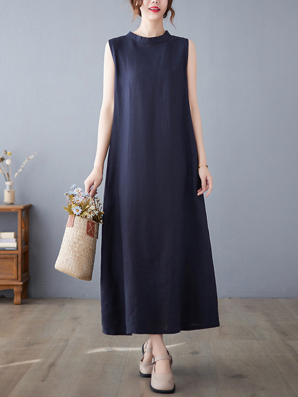 Sleeveless Solid Color Cotton Linen Midi Dress