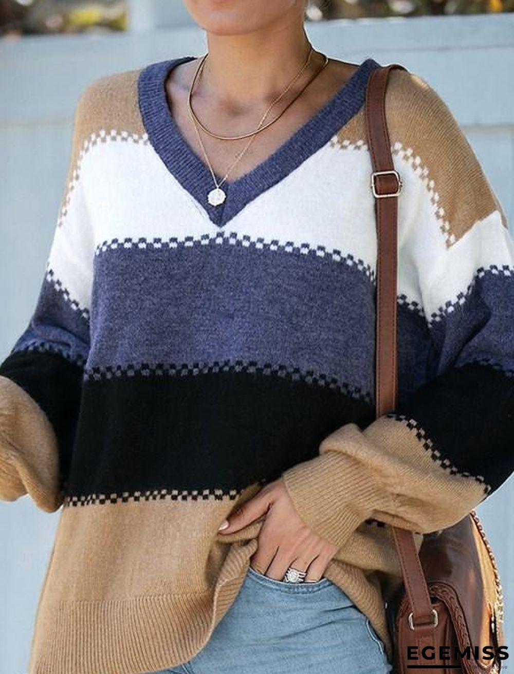 Casual Color Matching V-Neck Long-Sleeved Sweater | EGEMISS