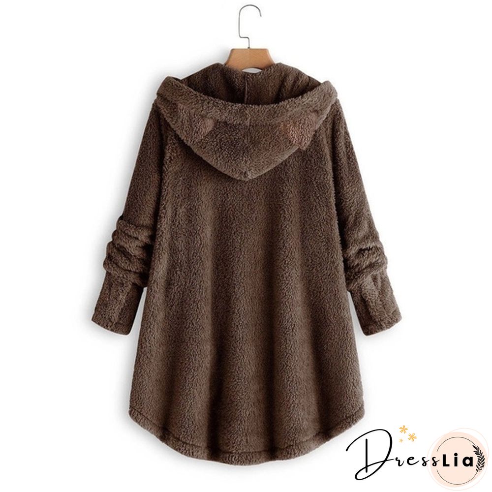 Fashion Women Coats Autumn Winter Outwear Tops Solid Color Plush Loose Cute Cat Ears Warm Fur Cardigan Coat with Pocket Plus Size S-5XL