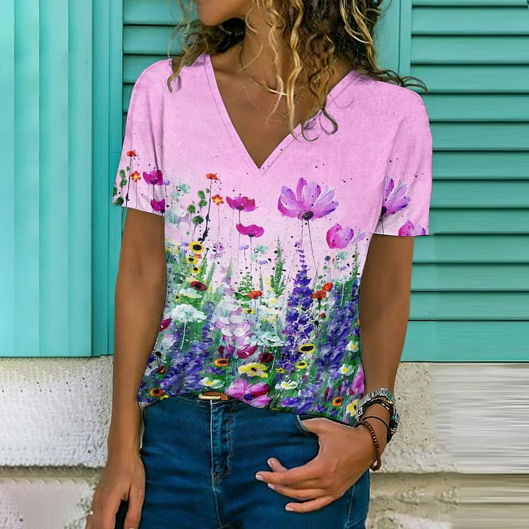 Casual Flower Print V-Neck T-Shirt