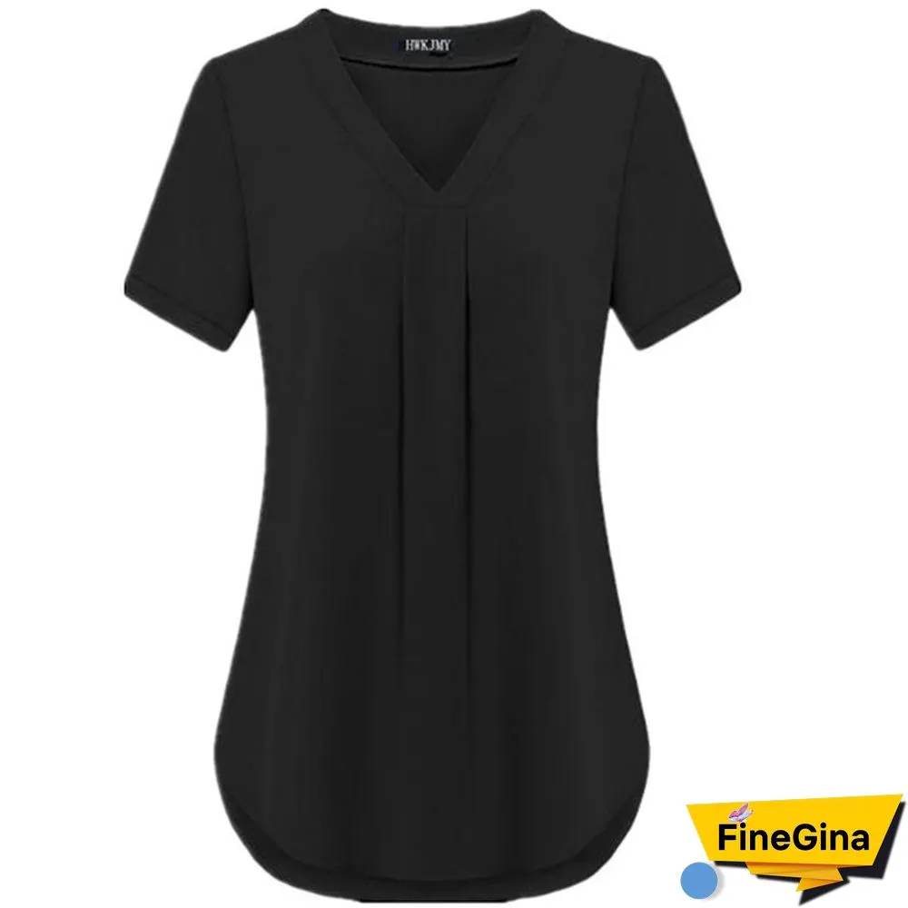 Womens Fashion Summer Sexy V-neck Short Sleeve Shirt Solid Color Loose Pleated Chiffon T