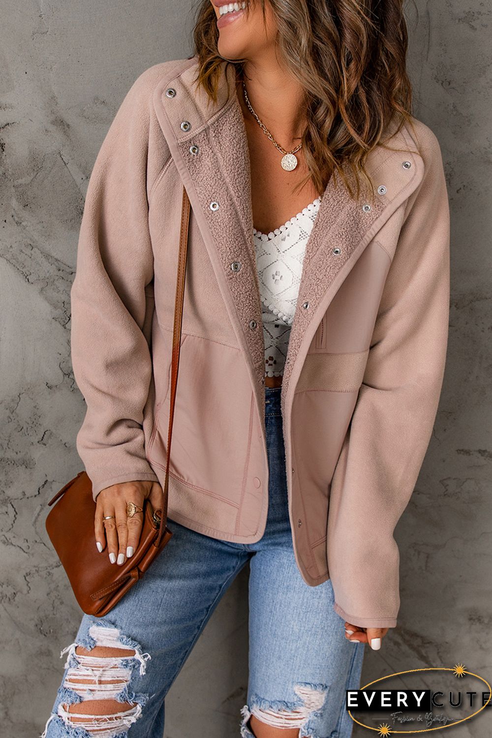 Pink Faux Shearling Lining Snap Button Suede Jacket