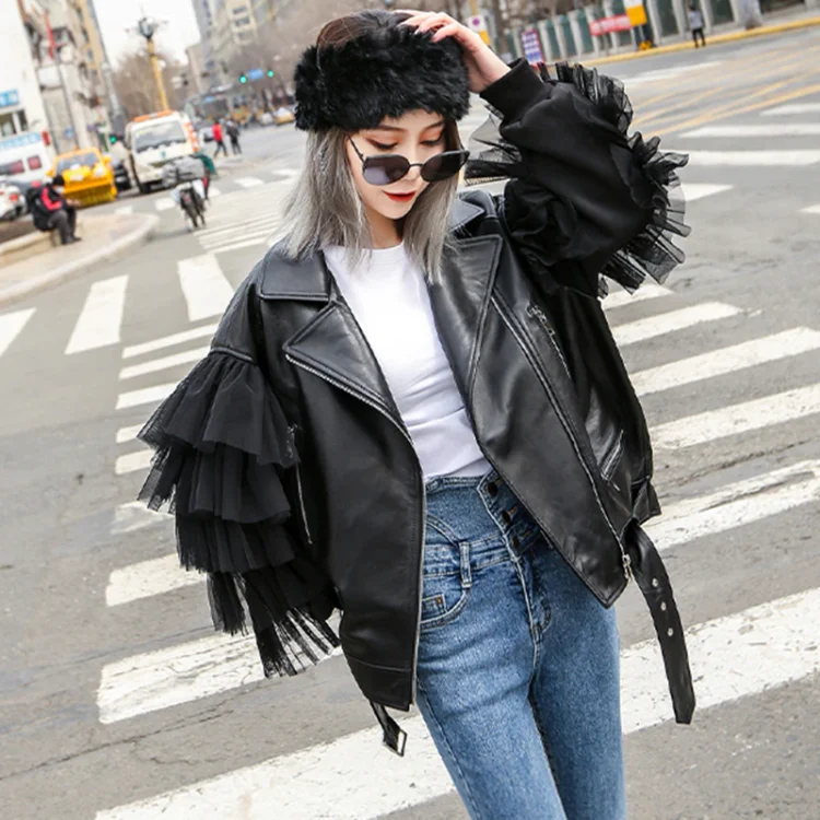 Street Black Lapel Patchwork Long Sleeve Splicing Multi Layer Tulle Zip-up Leather Jacket