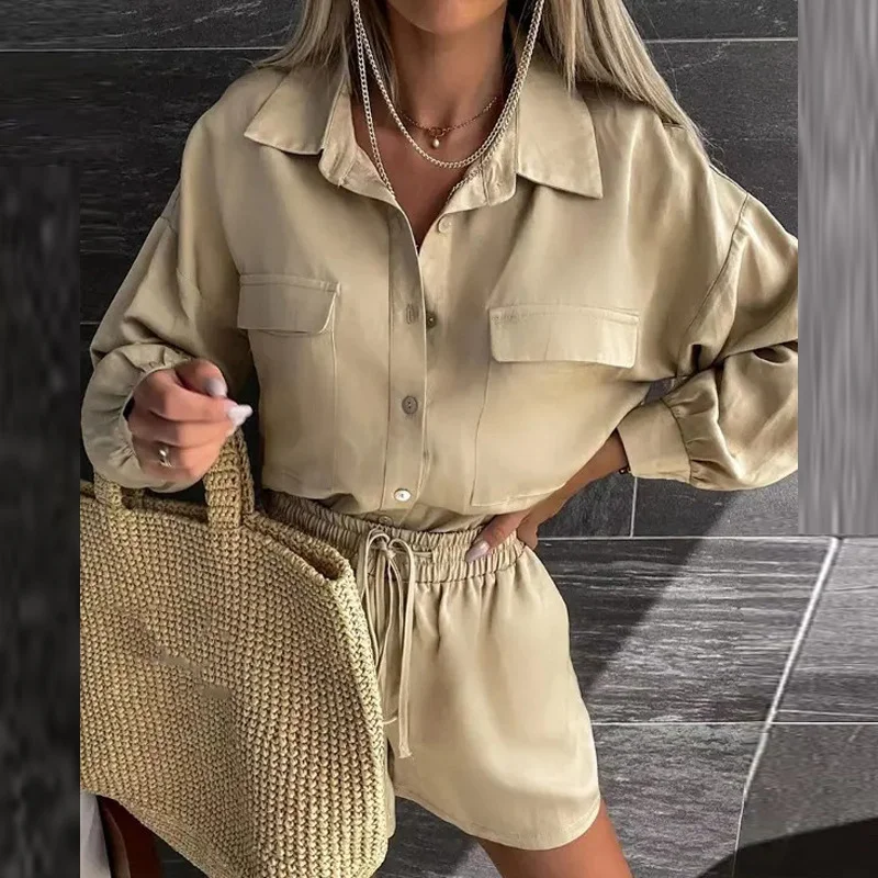 Uveng Uveng 2024 Women's New Casual Solid Color Shirt Rope Lace Shorts Fashion Suit Women