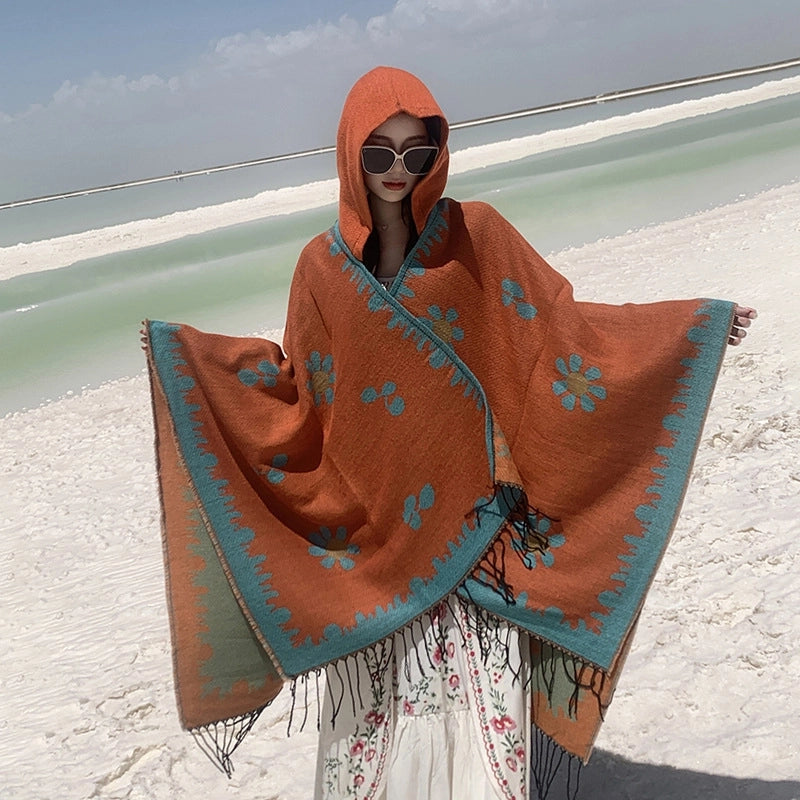 Ethnic Style Hooded Shawl Cloak Lijiang Xinjiang Tibet Northwest Tourism Wear Photograph Warm Outer Cape