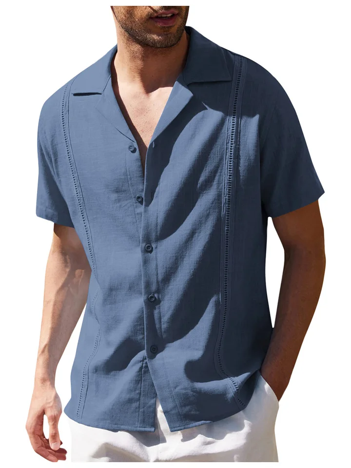 Men's Loose Casual Linen Shirt Cuban Guayabera Short-sleeved Beach Shirt Casual Shirt-Cosfine