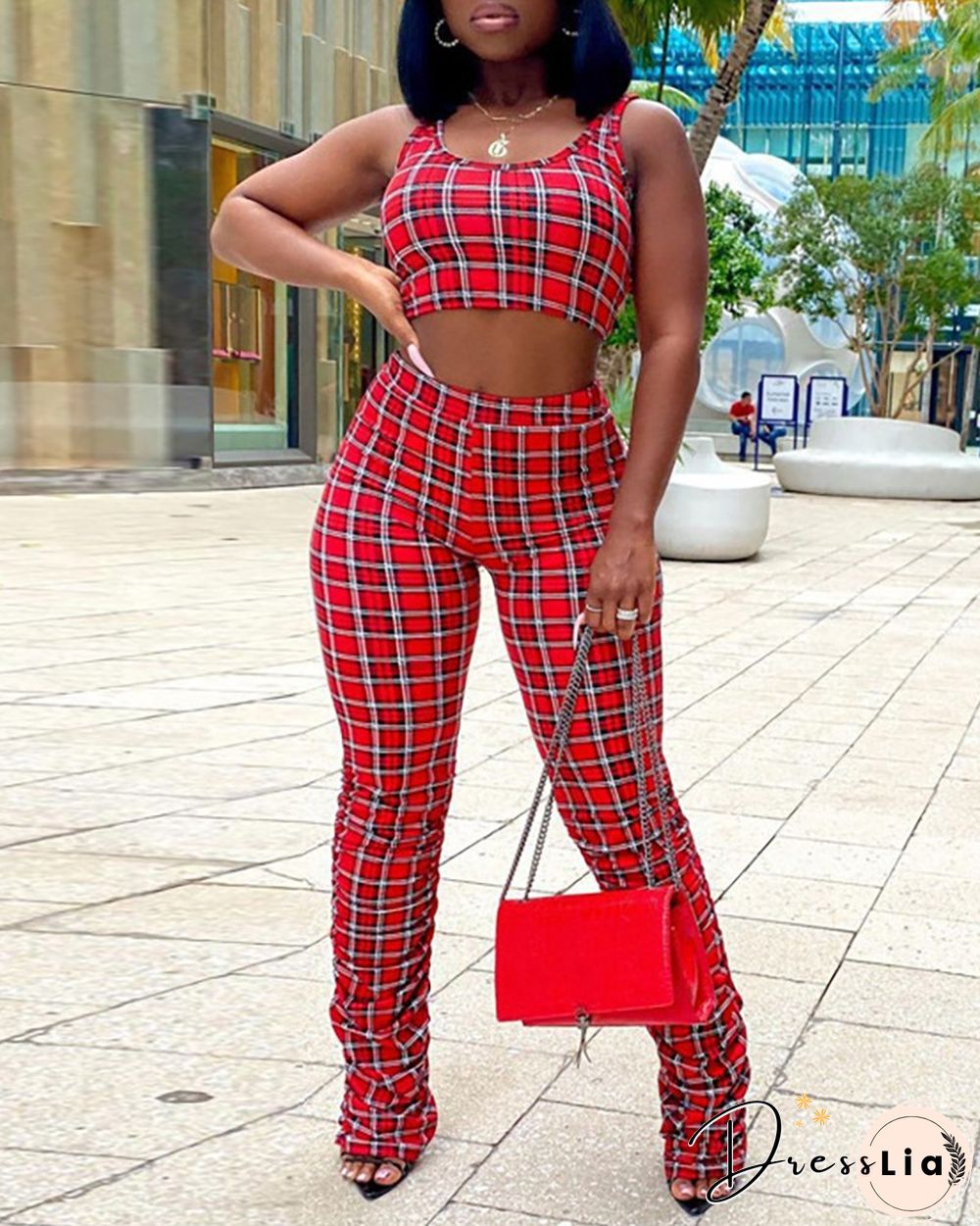 Plaid Print Crop Tank Top & High Waist Fold Pants Set