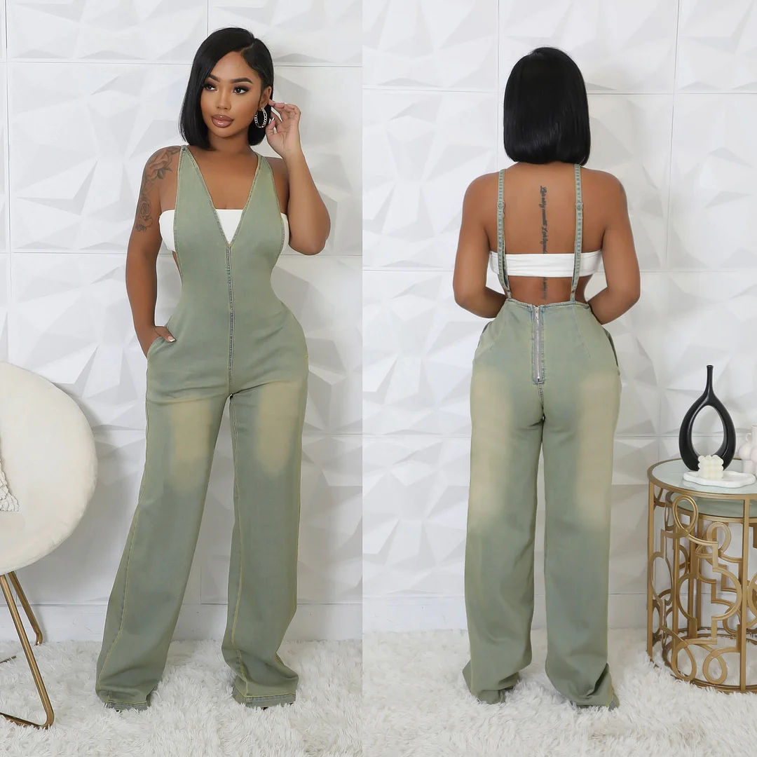Women's Wide Leg Jumpsuit Tight-waisted Slim-fit Elastic  Denim Jumpsuit Suspender Wide-leg Jumpsuit