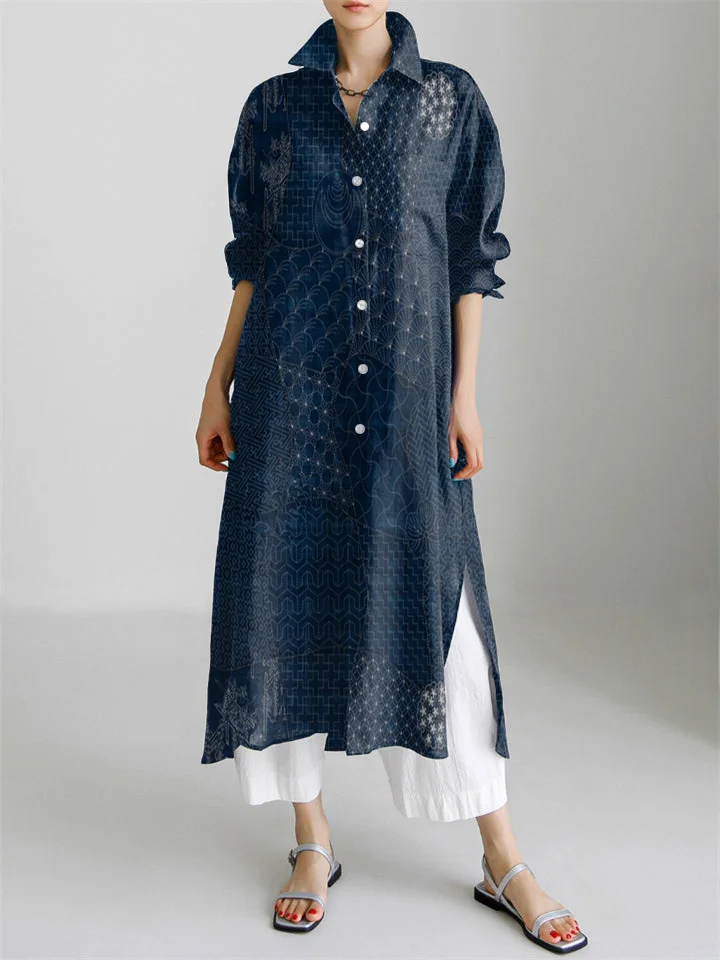 Japanese Traditional Sashiko Art Pattern Long Sleeve Slit Shirt Dress