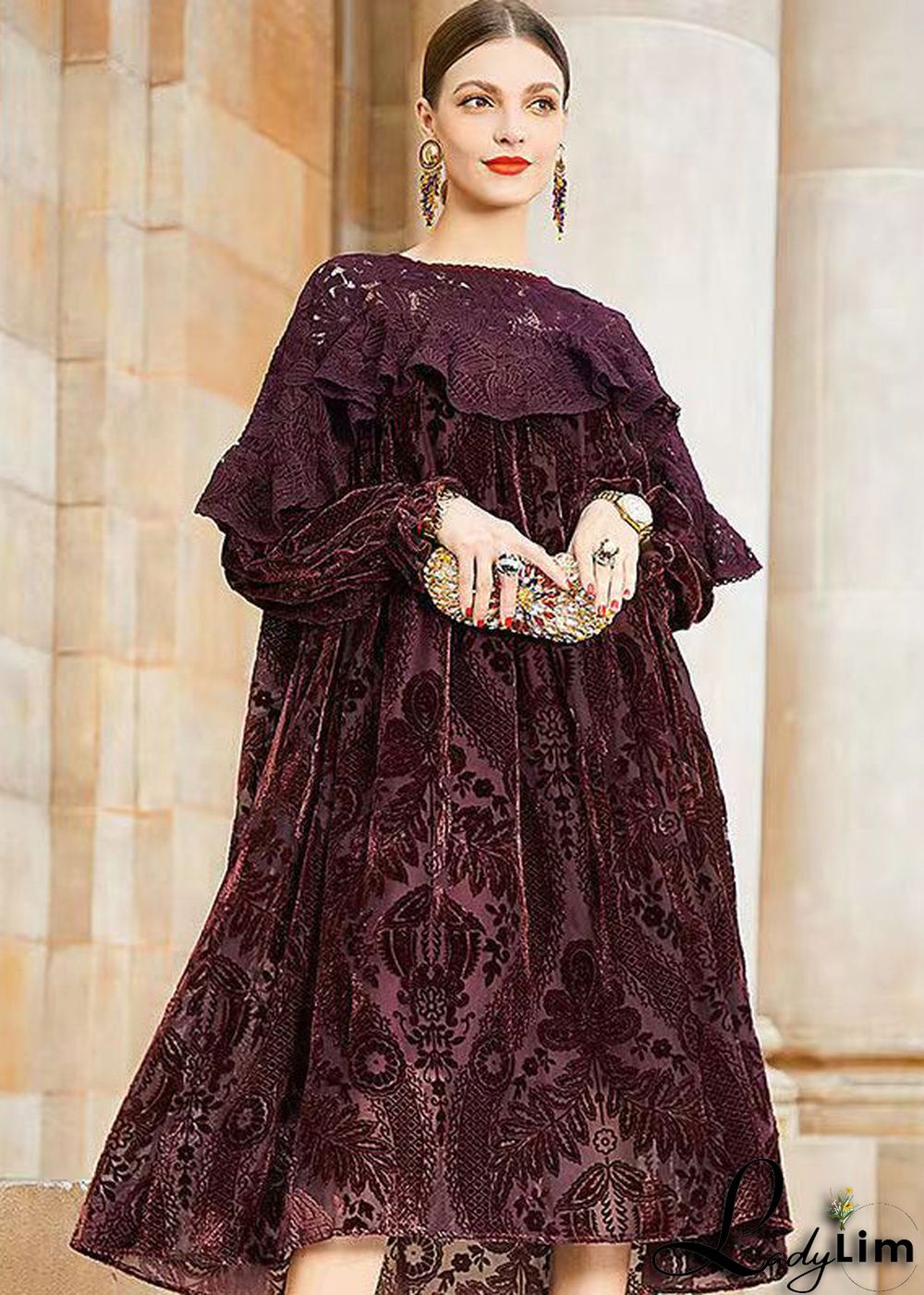 Classy Dull Red Lace Jacquard Patchwork Silk Velour Dresses Fall