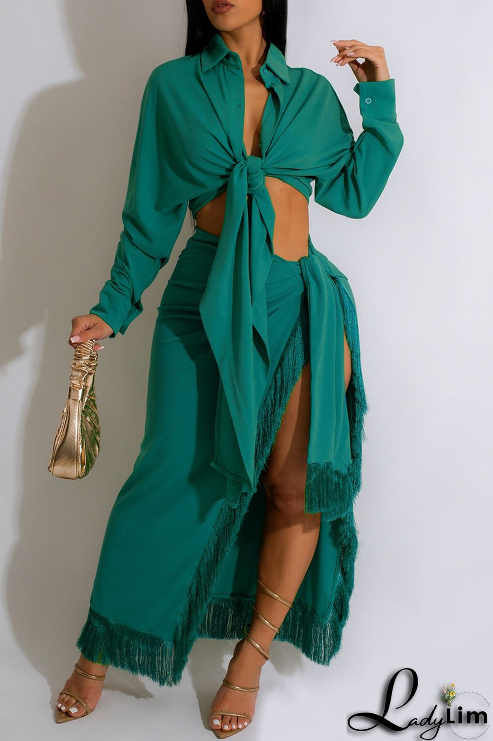 Blue Casual Solid Frenulum Slit Turndown Collar Long Sleeve Two Pieces