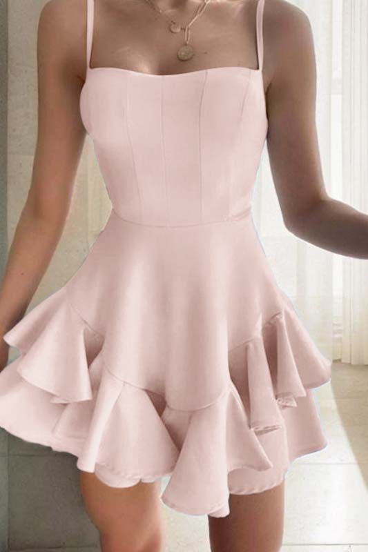 Hidais Sky Blue Spaghetti Strap Sleeveless Short Homecoming Dress With Ruffles
