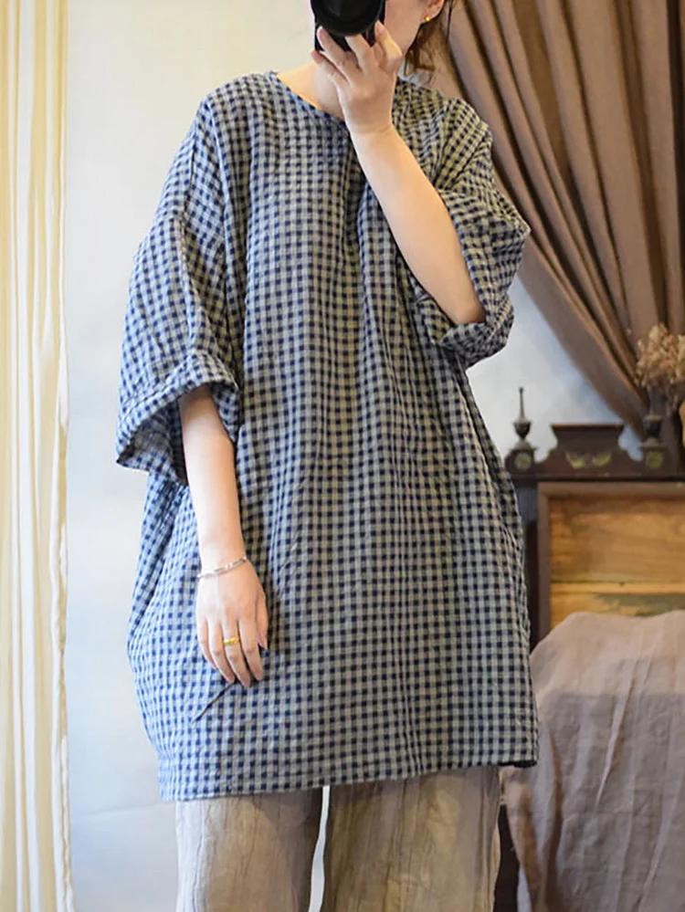 Women Summer Chinese Style Plaid Long Linen Shirt