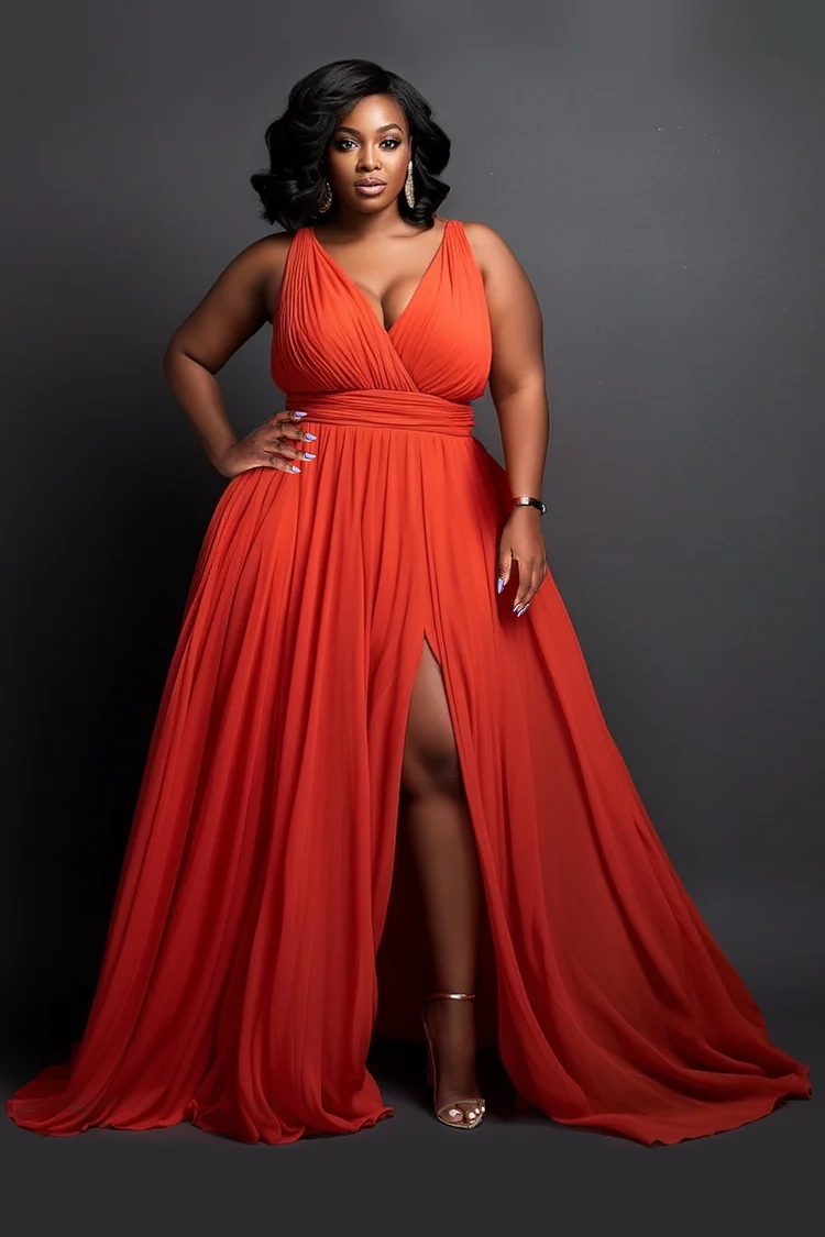Xpluswear Design Plus Size Formal Red Elegant Wrap Neck Split Chiffon Maxi Dresses [Pre-Order]