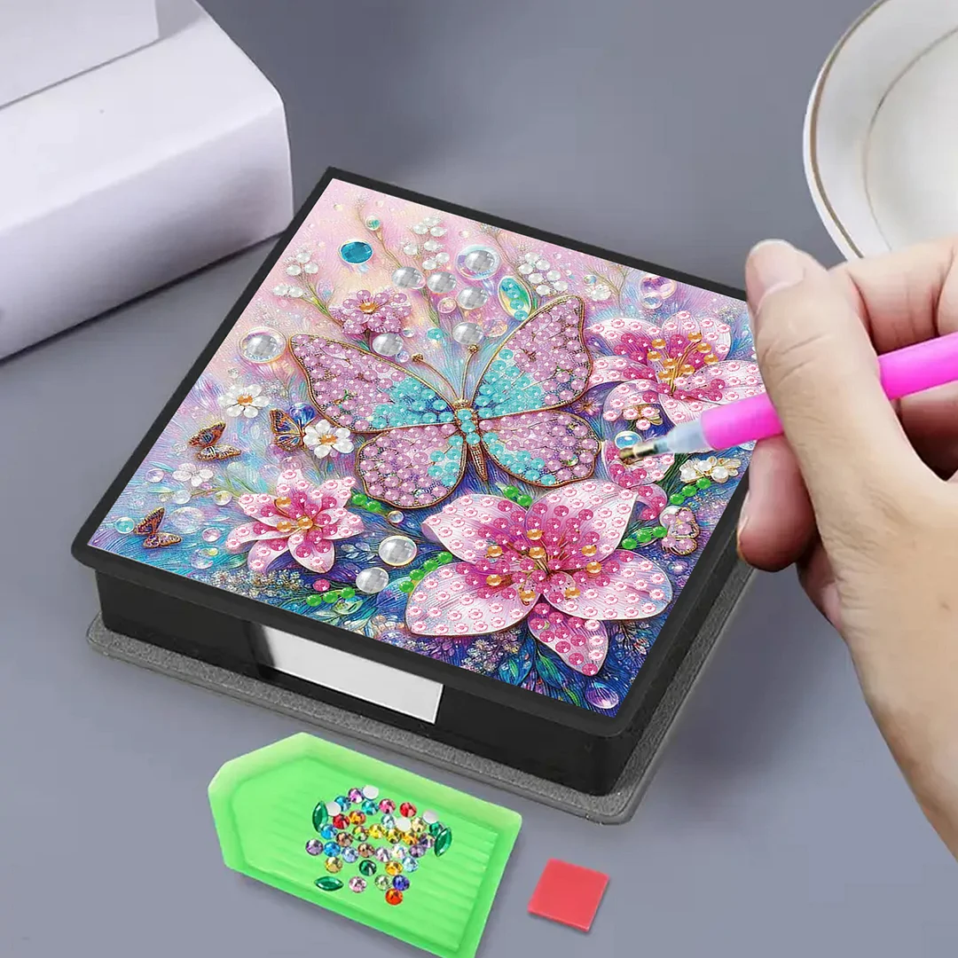 Flower Butterfly PU DIY 5D Diamond Painting Note Box w/160 Sheet for Office Home