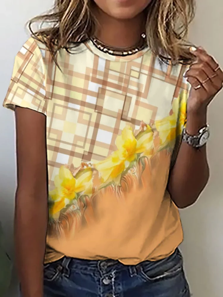 Printed Short Sleeve Casual T-shirt for  Women and Men Unisex Pattern Yellow,Plaid,Floral