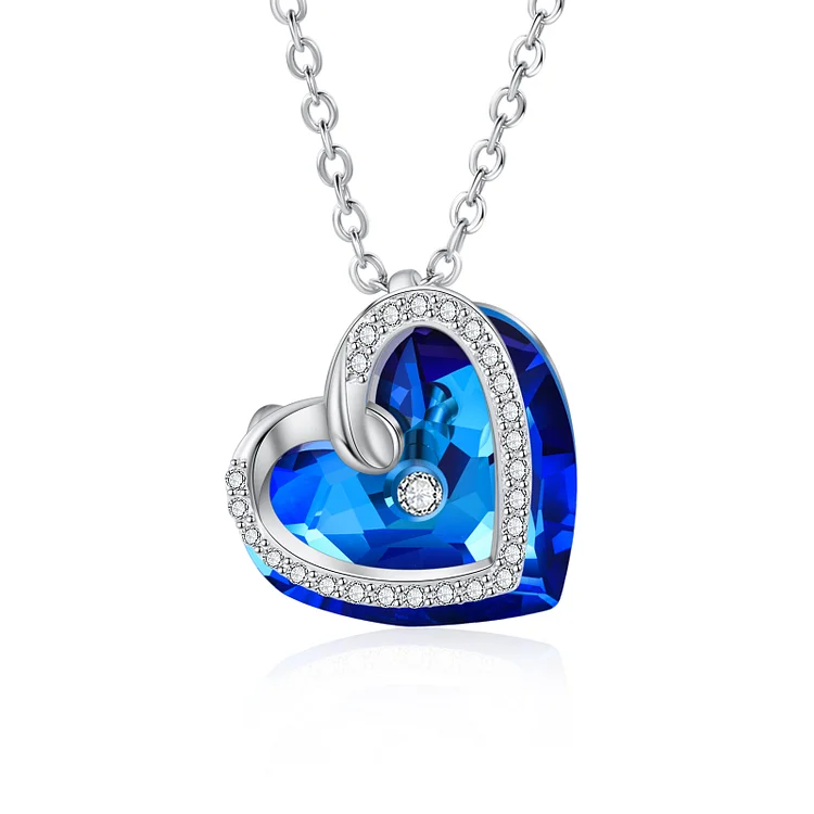 Double Heart Blue Crystal Necklace Sapphire Necklace for Her