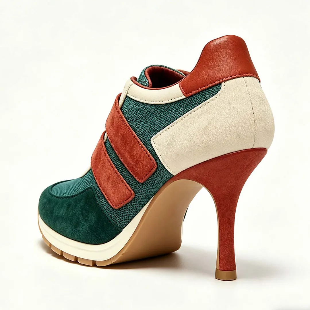 Multicolor Mesh Vegan Suede Velcro Closed Toe Stiletto Sneakers Heels