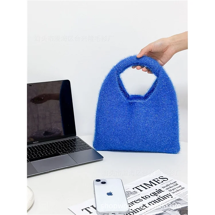 Solid Color Openning Glitter Knitted Handbag