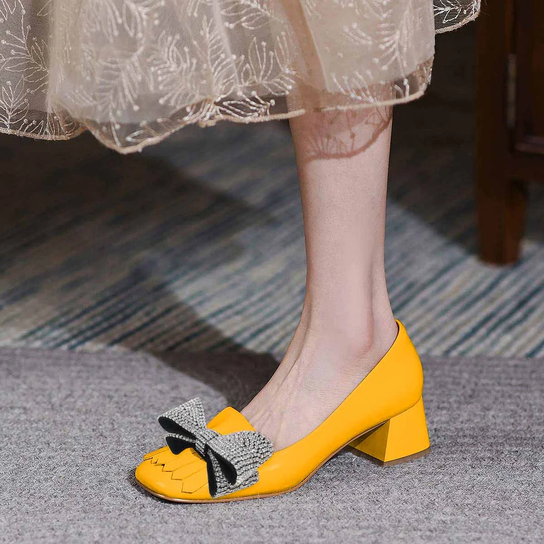 Fringe Square Toe Rhinestone Double Bow Pumps Heels in Yellow