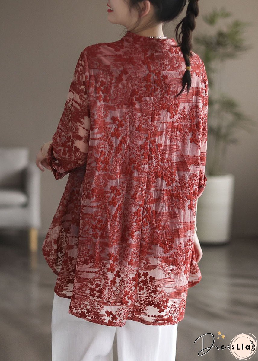 Stylish White Stand Collar Embroideried Patchwork Lace Shirt Tops Long Sleeve