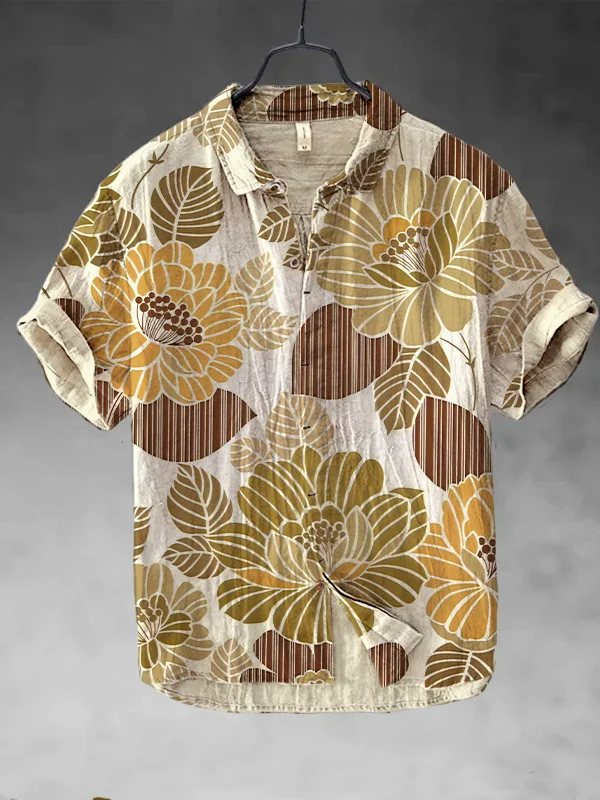 Men's Retro Floral Art Print Short Sleeve Shirt