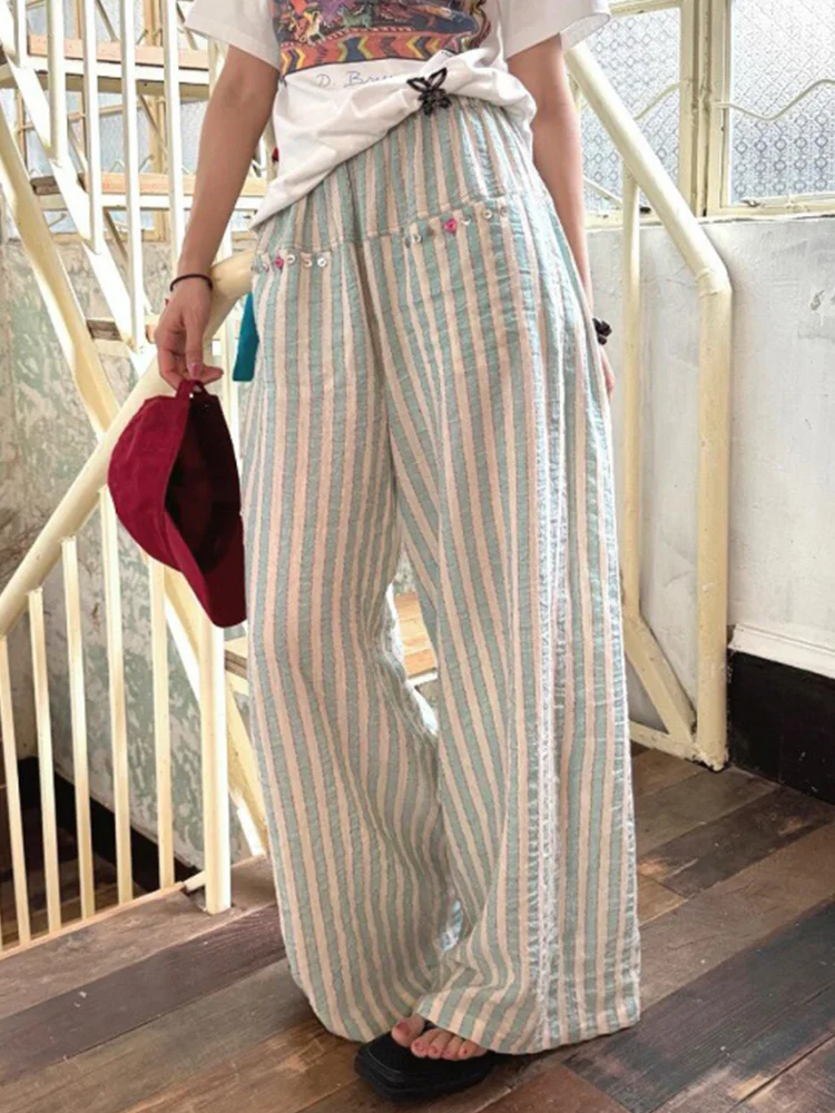 Comstylish Vintage Stripe Linen Blend Wide Leg Casual Pants