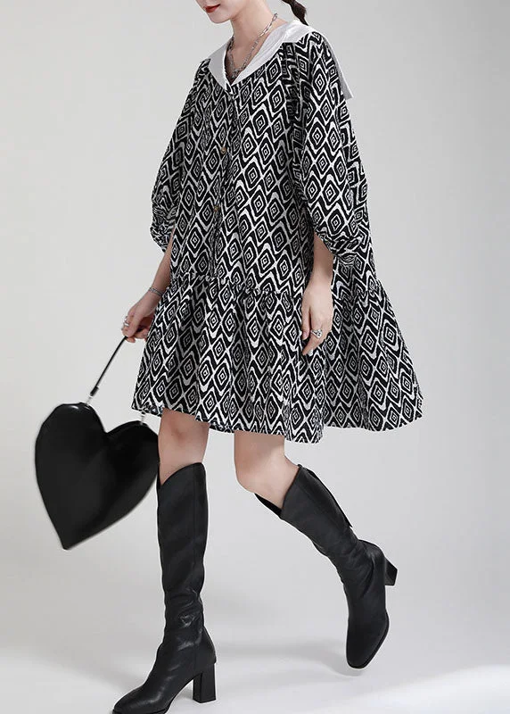 Plus Size Black Button Patchwork asymmetrical design Puff Sleeve Fall Dresses
