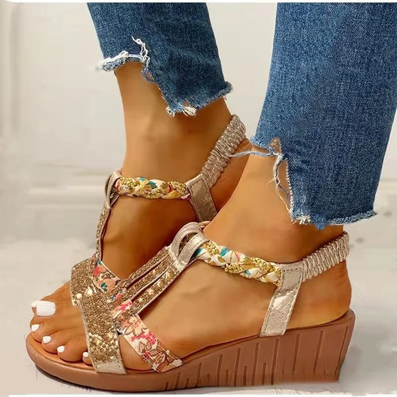 Breakj Women Wedge Sandals Summer 2023 New Bohemia Casual High Heels  Fashion Female Peep Toe Rhinestones Outdoor Beach Shoes