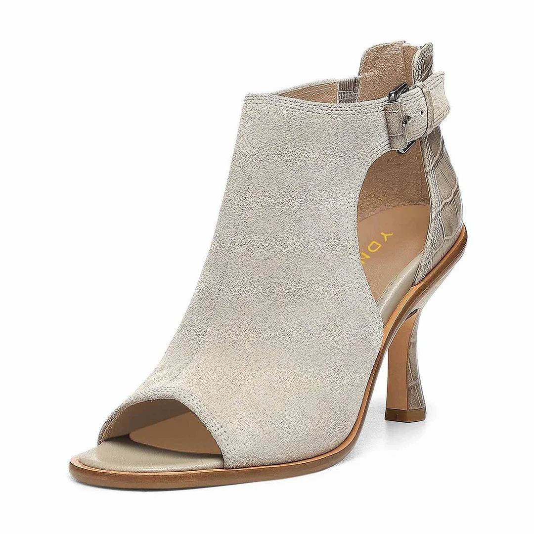 Gray Hollow-Out High Heel Peep Toe Croco Embossed Summer Sandals