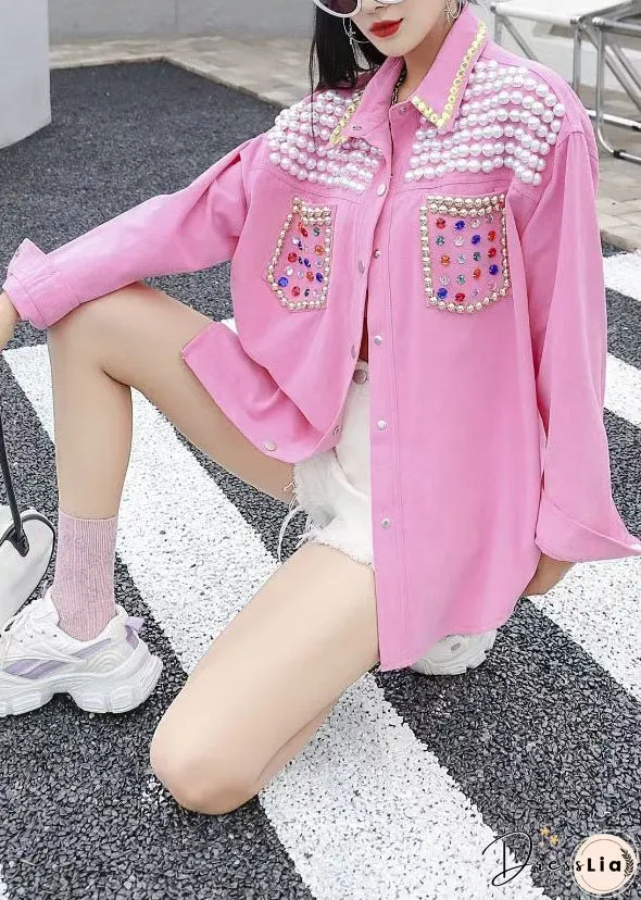 Organic Pink Peter Pan Collar Nail Bead Zircon Patchwork Denim Blouses Long Sleeve