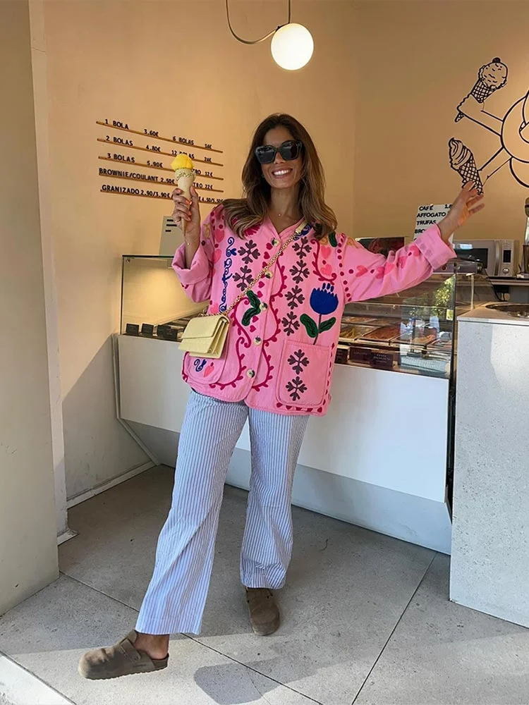 Lvpinyuan fall outfits Elegant Sweet Print Women's Jackets With Pockets Chic V Neck Long Sleeves Single Breasted Cotton Coats 2025 Lady Warm Outerwear