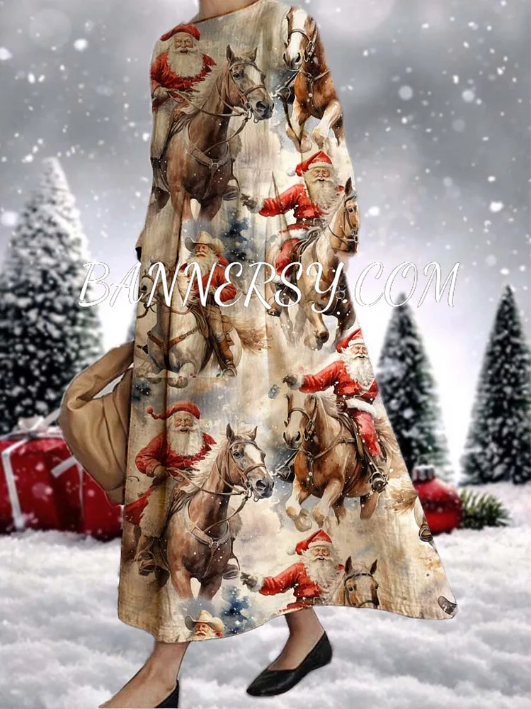 Women's Casual Western Santa Claus Print Long Sleeve Midi Dress