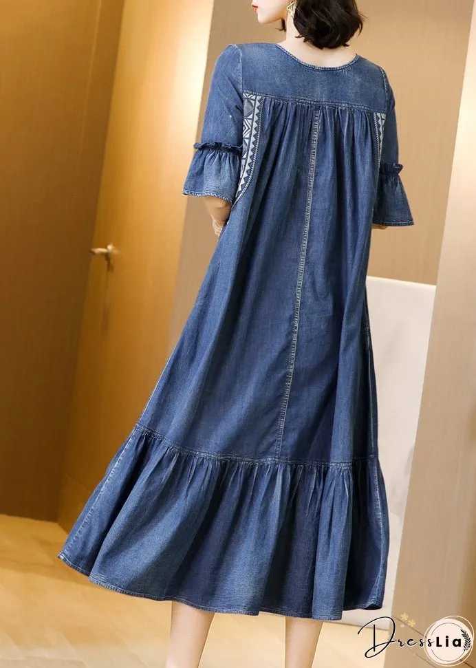 Plus Size Blue O-Neck Embroideried Ruffles Cotton Denim Dress Flare Sleeve