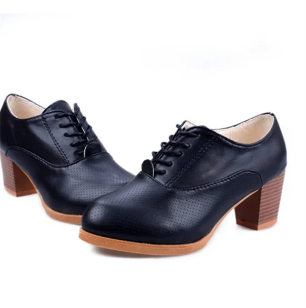 Navy Oxford Heels Round Toe Lace up Block Heel Vintage Shoes |FSJ Shoes