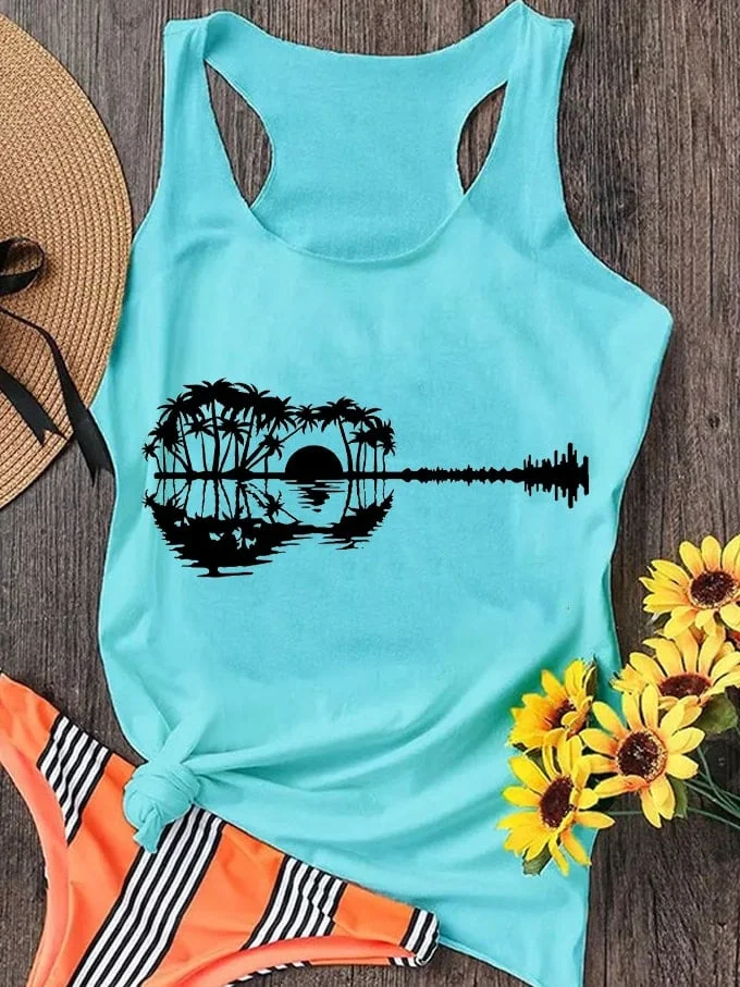 Women's Beach Vibes Hippie Guitar Palm Coco Tree Print Tank Top socialshop