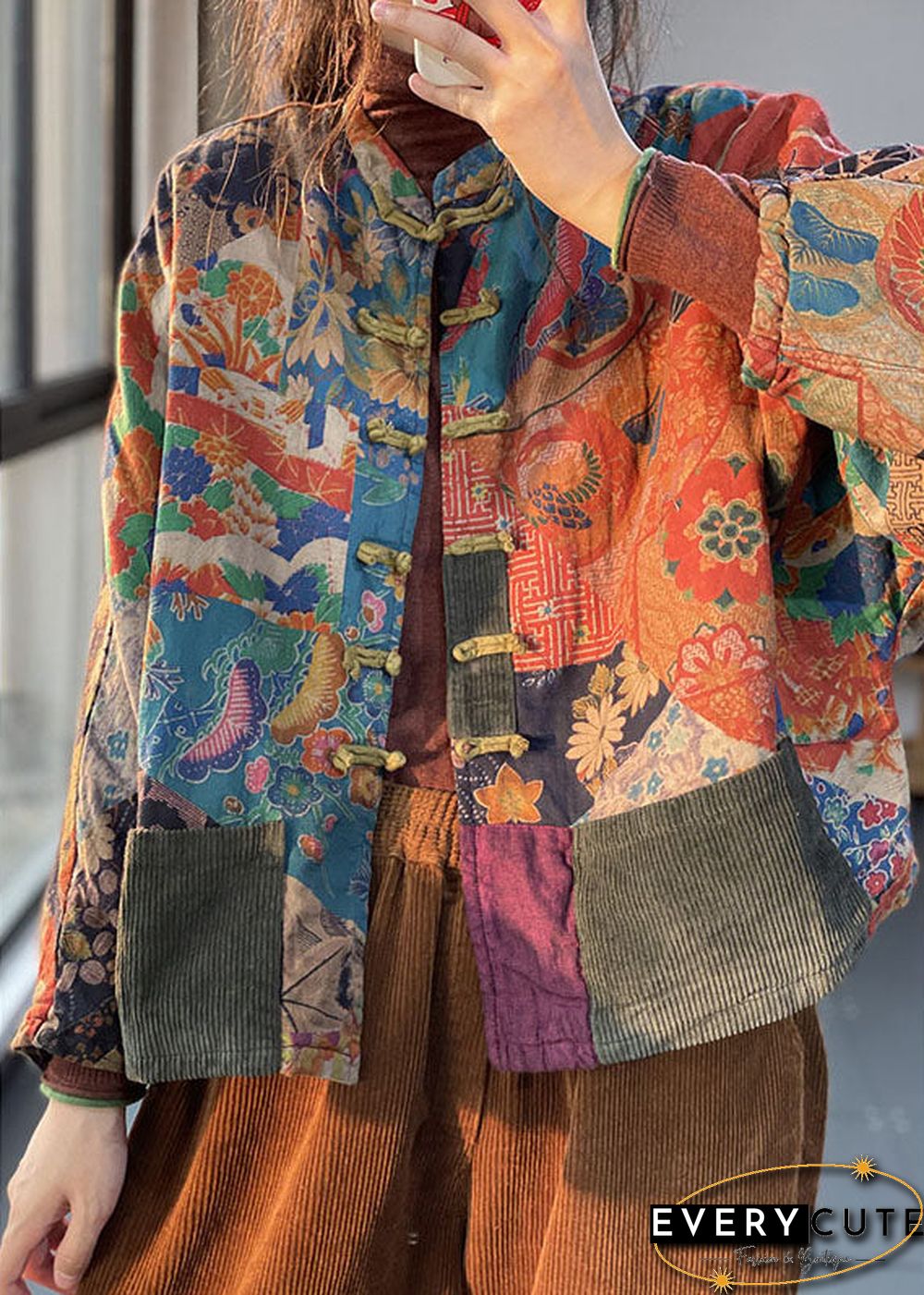 Vintage Red Pockets Button Print Fall Long sleeve Coat