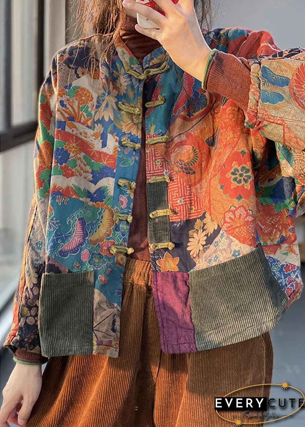 Vintage Red Pockets Button Print Fall Long sleeve Coat