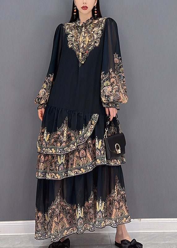 Beautiful Black Stand Collar Ruffled layered Print Tulle Long Dress lantern sleeve