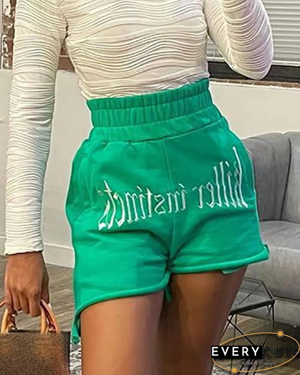 Letter Embroidery Shirred High Waist Casual Shorts