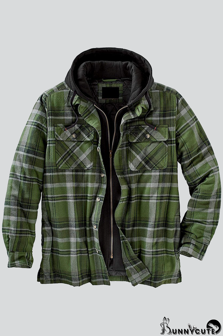 Black Green Fashion Casual Plaid Split Joint Hooded Collar Outerwear