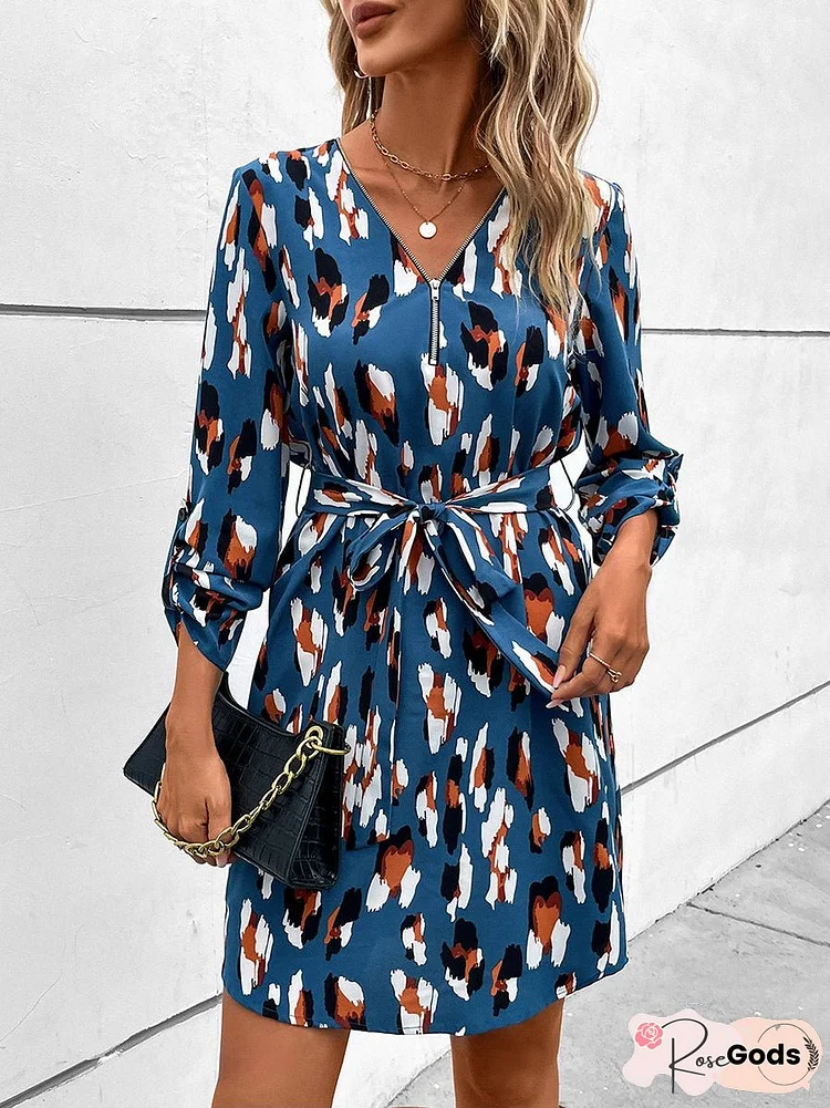 Spring And Autumn Long Sleeve V Neck Zip Neck Mini Dress