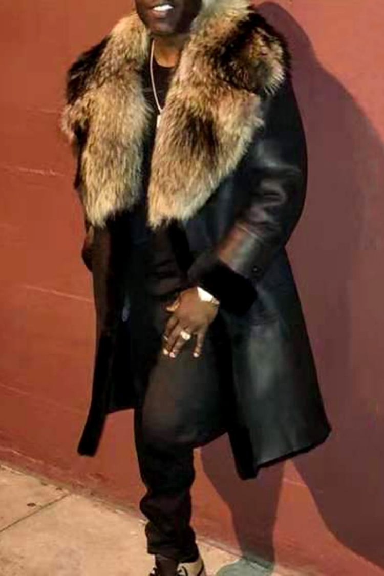 Tiboyz Fashionable Fur Collar Black Classic Leather Coat
