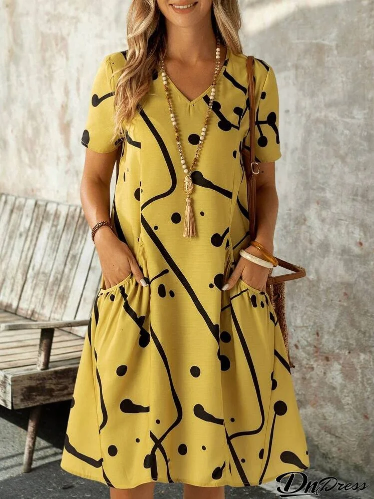 Women V-Neck Printed Dress With Pockets, Suitable For Casual Daily Spring And Summer Outfits